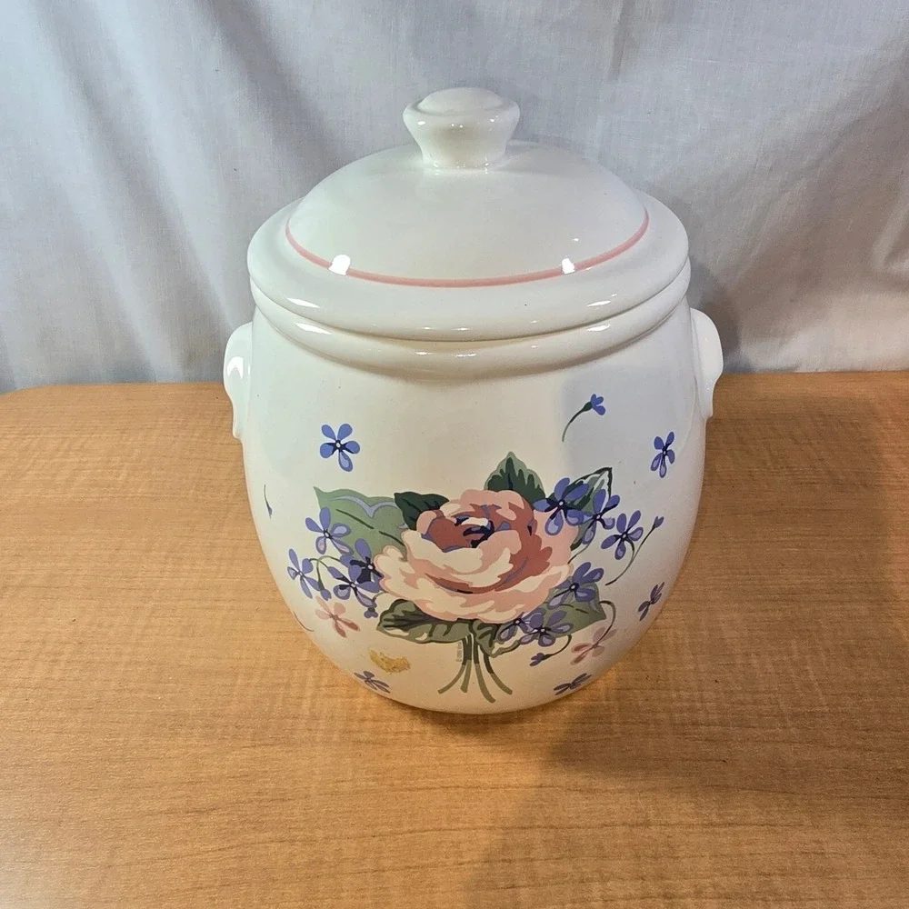 Vintage‎ Pottery/Ceramic Floral Cookie Jar Pink Peony? & blue floral COMPLETE